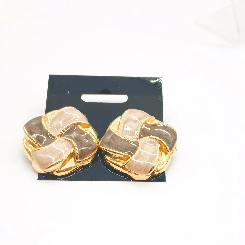 Keriss Vtg Woven Gold Enamel Earrings Cream Brown Square Chunky Statement Piost